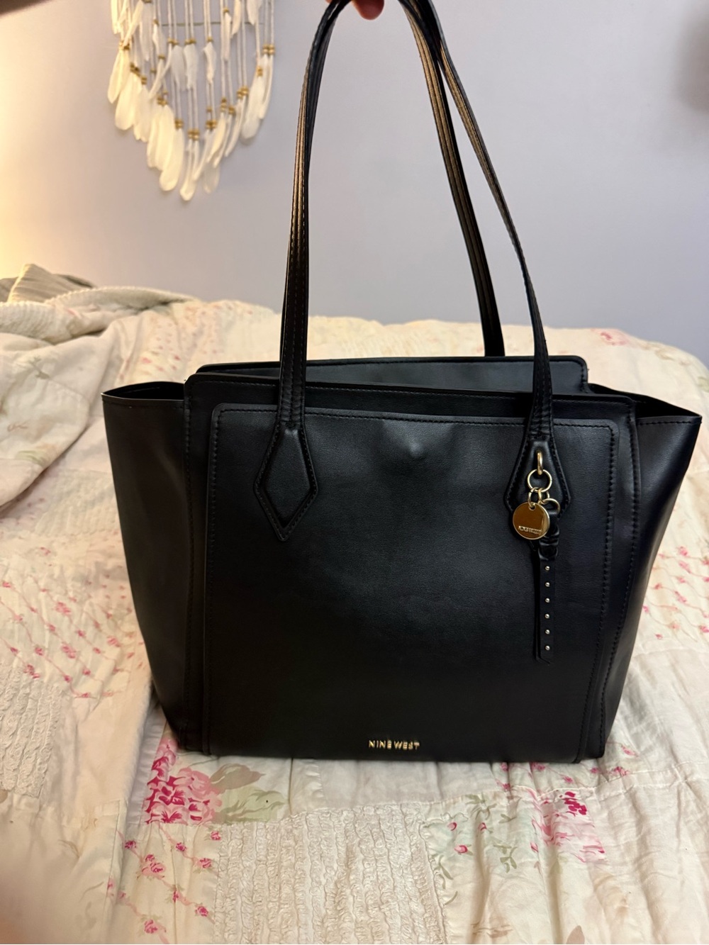 Nine West Chelsea Triple Compartment Tote In Faux Black Leather